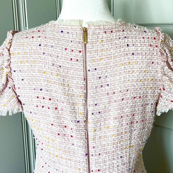 Kate Spade NY Tweed Fringe Colorful Trimmed Mini Dress Pink Puff Sleeve Size 12 - Picture 16 of 16